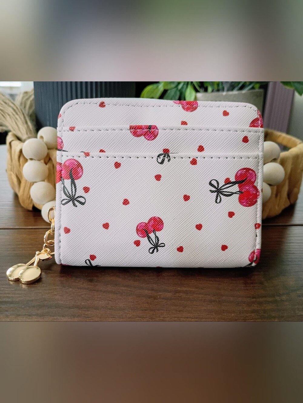 NWOT Cherry Print Zip Around Wallet in White and Red - Picture 2 of 4